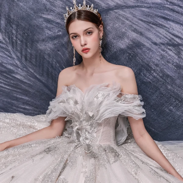 Charming Champagne Bridal Wedding Dresses 2020 Ball Gown Off-The-Shoulder Short Sleeve Backless Beading Appliques Sequins Glitter Tulle Cathedral Train Ruffle