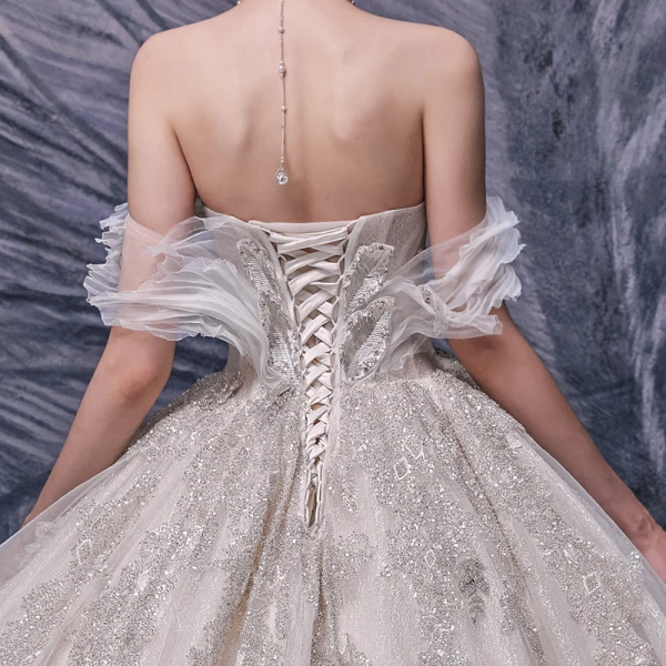 Charming Champagne Bridal Wedding Dresses 2020 Ball Gown Off-The-Shoulder Short Sleeve Backless Beading Appliques Sequins Glitter Tulle Cathedral Train Ruffle