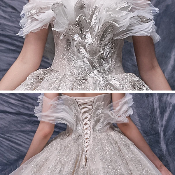 Charming Champagne Bridal Wedding Dresses 2020 Ball Gown Off-The-Shoulder Short Sleeve Backless Beading Appliques Sequins Glitter Tulle Cathedral Train Ruffle