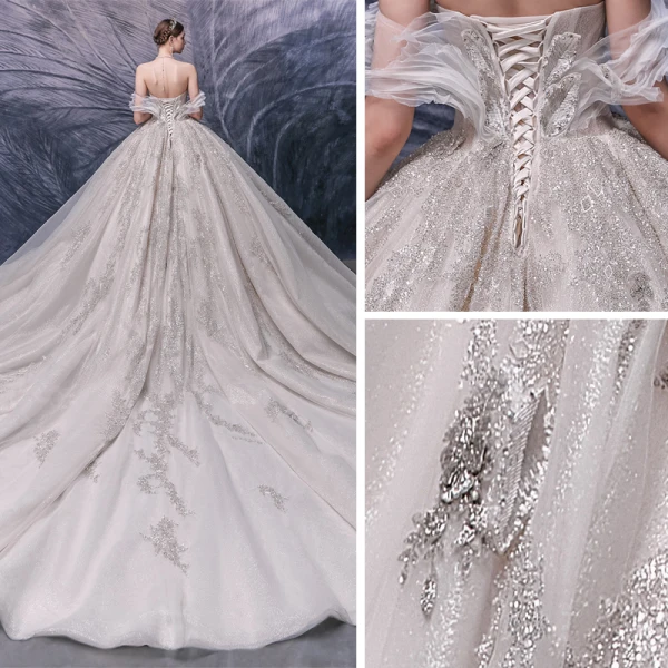 Charming Champagne Bridal Wedding Dresses 2020 Ball Gown Off-The-Shoulder Short Sleeve Backless Beading Appliques Sequins Glitter Tulle Cathedral Train Ruffle