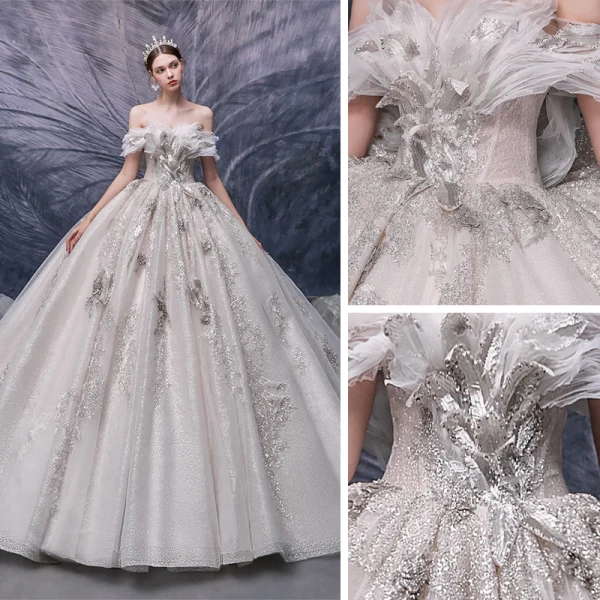 Charming Champagne Bridal Wedding Dresses 2020 Ball Gown Off-The-Shoulder Short Sleeve Backless Beading Appliques Sequins Glitter Tulle Cathedral Train Ruffle