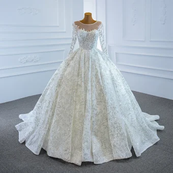 Luxe Blanche La Mariée Robe De Mariée 2020 Robe Boule Transparentes Encolure Dégagée Manches Longues Perlage Paillettes Tribunal Train Volants
