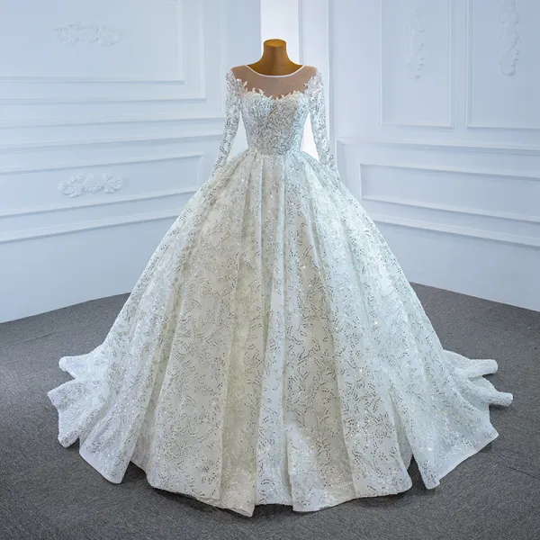 Luxury / Gorgeous White Bridal Wedding Dresses 2020 Ball Gown See-through Scoop Neck Long Sleeve Beading Sequins Court Train Ruffle
