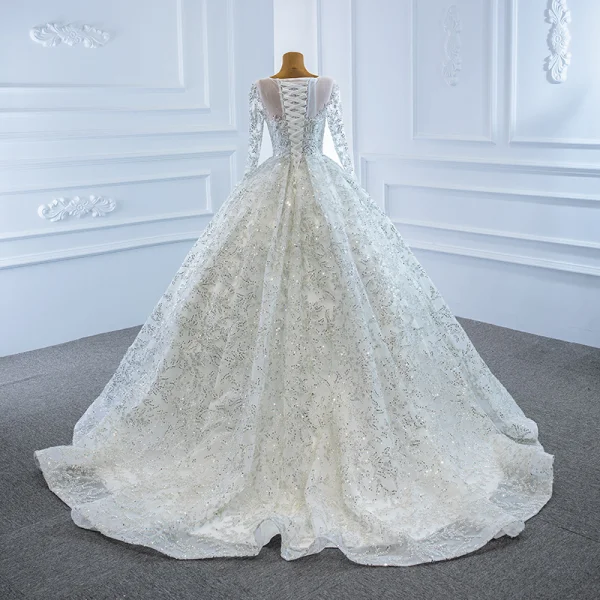 Luxury / Gorgeous White Bridal Wedding Dresses 2020 Ball Gown See-through Scoop Neck Long Sleeve Beading Sequins Court Train Ruffle