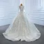 Luxury / Gorgeous White Bridal Wedding Dresses 2020 Ball Gown See-through Scoop Neck Long Sleeve Beading Sequins Court Train Ruffle