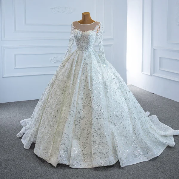 Luxury / Gorgeous White Bridal Wedding Dresses 2020 Ball Gown See-through Scoop Neck Long Sleeve Beading Sequins Court Train Ruffle