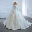 Luxury / Gorgeous White Bridal Wedding Dresses 2020 Ball Gown See-through Scoop Neck Long Sleeve Beading Sequins Court Train Ruffle