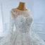 Luxury / Gorgeous White Bridal Wedding Dresses 2020 Ball Gown See-through Scoop Neck Long Sleeve Beading Sequins Court Train Ruffle