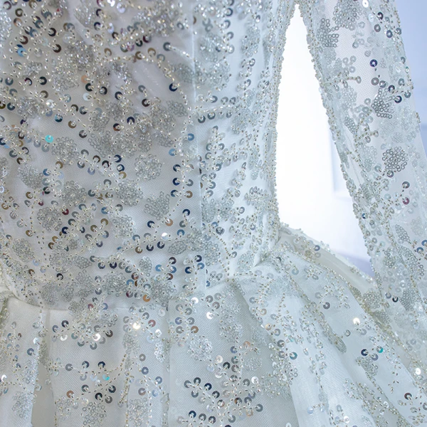 Luxury / Gorgeous White Bridal Wedding Dresses 2020 Ball Gown See-through Scoop Neck Long Sleeve Beading Sequins Court Train Ruffle
