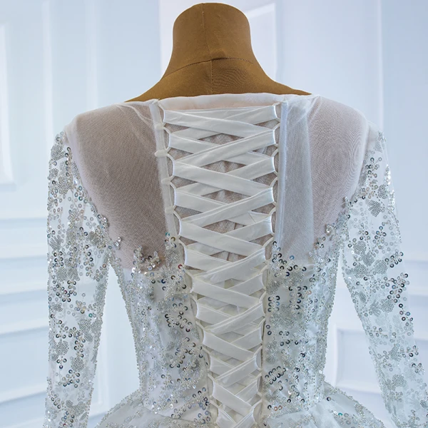 Luxury / Gorgeous White Bridal Wedding Dresses 2020 Ball Gown See-through Scoop Neck Long Sleeve Beading Sequins Court Train Ruffle