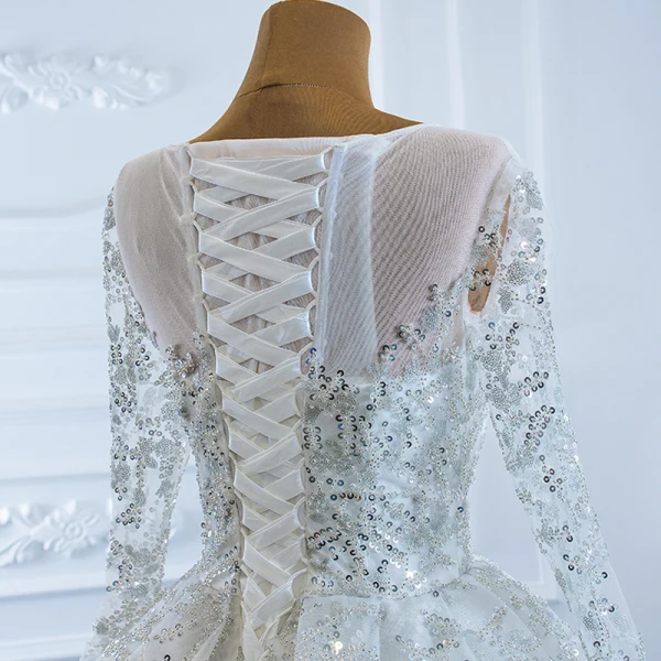 Luxury / Gorgeous White Bridal Wedding Dresses 2020 Ball Gown See-through Scoop Neck Long Sleeve Beading Sequins Court Train Ruffle