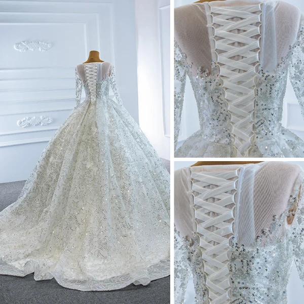 Luxury / Gorgeous White Bridal Wedding Dresses 2020 Ball Gown See-through Scoop Neck Long Sleeve Beading Sequins Court Train Ruffle