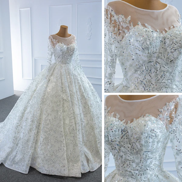 Luxury / Gorgeous White Bridal Wedding Dresses 2020 Ball Gown See-through Scoop Neck Long Sleeve Beading Sequins Court Train Ruffle