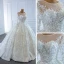 Luxury / Gorgeous White Bridal Wedding Dresses 2020 Ball Gown See-through Scoop Neck Long Sleeve Beading Sequins Court Train Ruffle