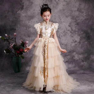 Chinese Style Champagne Birthday Flower Girl Dresses 2020 A Line Princess High Neck Sleeveless Sequins Detachable Sweep Train Cascading Ruffles