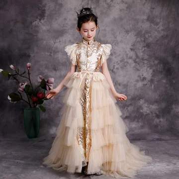 Chinese Style Champagne Birthday Flower Girl Dresses 2020 A Line Princess High Neck Sleeveless Sequins Detachable Sweep Train Cascading Ruffles