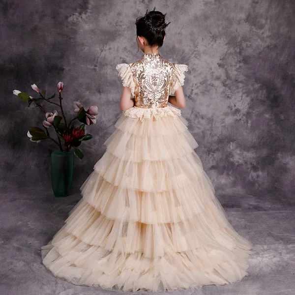 Chinese style Champagne Birthday Flower Girl Dresses 2020 A-Line / Princess High Neck Sleeveless Sequins Detachable Sweep Train Cascading Ruffles