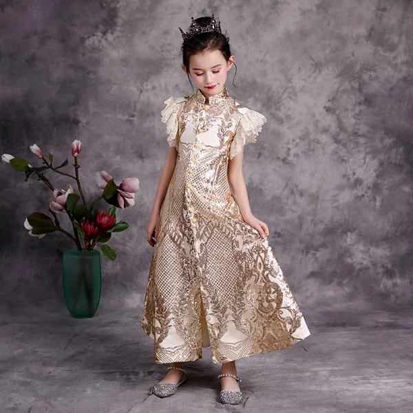 Chinese style Champagne Birthday Flower Girl Dresses 2020 A-Line / Princess High Neck Sleeveless Sequins Detachable Sweep Train Cascading Ruffles