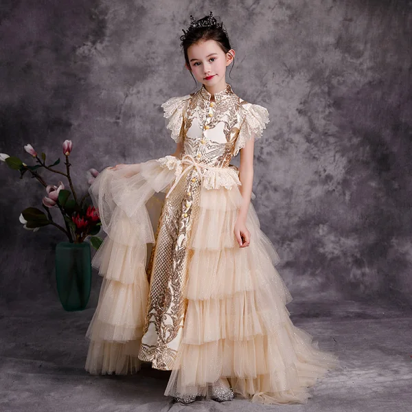 Chinese style Champagne Birthday Flower Girl Dresses 2020 A-Line / Princess High Neck Sleeveless Sequins Detachable Sweep Train Cascading Ruffles