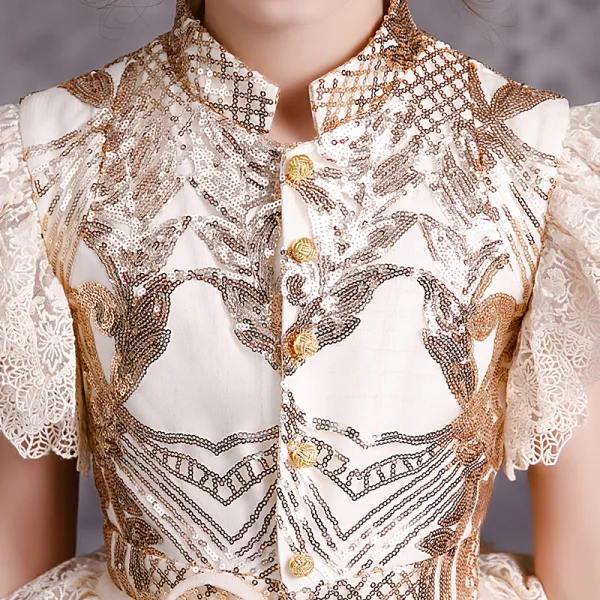 Chinese style Champagne Birthday Flower Girl Dresses 2020 A-Line / Princess High Neck Sleeveless Sequins Detachable Sweep Train Cascading Ruffles