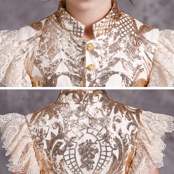 Chinese style Champagne Birthday Flower Girl Dresses 2020 A-Line / Princess High Neck Sleeveless Sequins Detachable Sweep Train Cascading Ruffles
