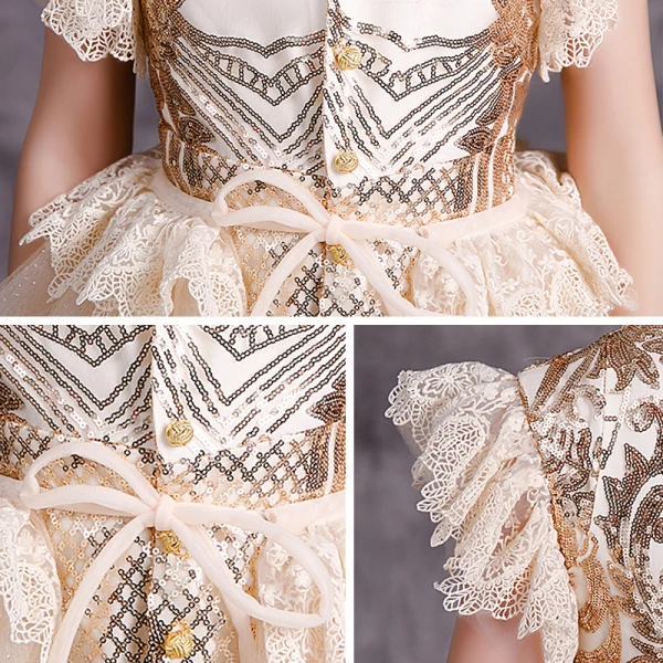 Chinese style Champagne Birthday Flower Girl Dresses 2020 A-Line / Princess High Neck Sleeveless Sequins Detachable Sweep Train Cascading Ruffles