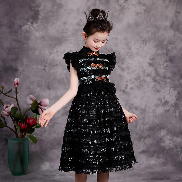 Fashion Black Birthday Flower Girl Dresses 2020 Ball Gown High Neck Sleeveless Rhinestone Sequins Glitter Tulle Detachable Sweep Train Cascading Ruffles