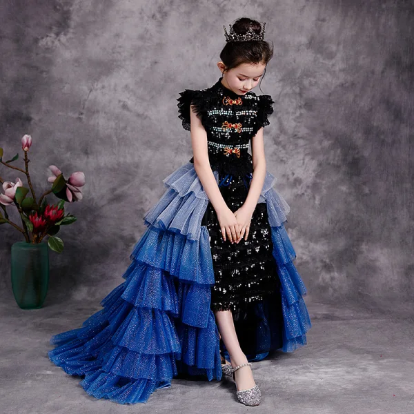 Fashion Black Birthday Flower Girl Dresses 2020 Ball Gown High Neck Sleeveless Rhinestone Sequins Glitter Tulle Detachable Sweep Train Cascading Ruffles