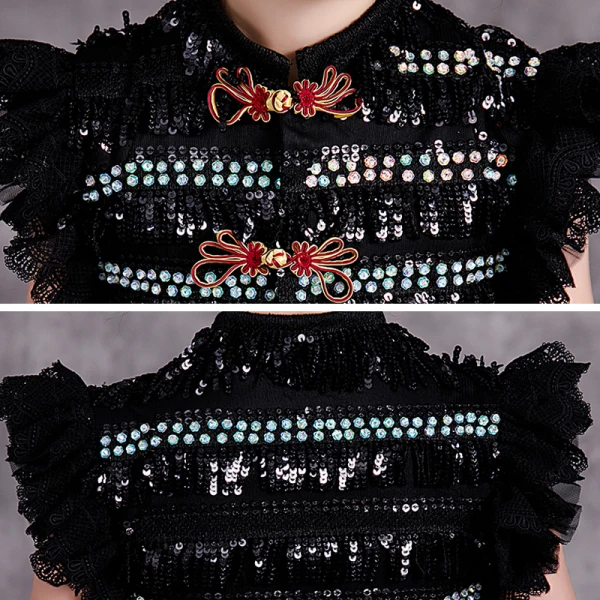 Fashion Black Birthday Flower Girl Dresses 2020 Ball Gown High Neck Sleeveless Rhinestone Sequins Glitter Tulle Detachable Sweep Train Cascading Ruffles