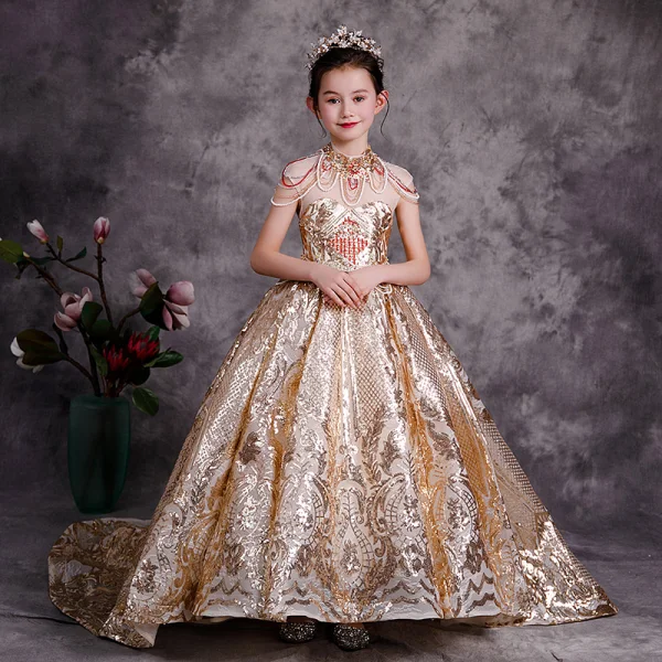 Scintillantes Doré Paillettes Anniversaire Robe Ceremonie Fille 2020 Robe Boule Transparentes Col Haut Sans Manches Dos Nu Perlage Tribunal Train Volants