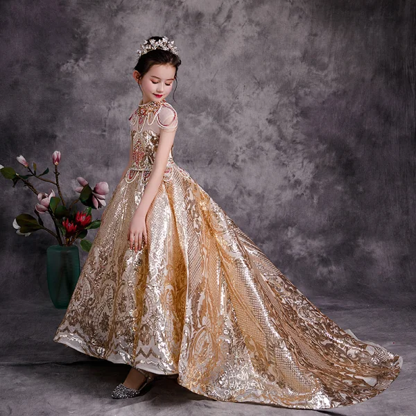 Scintillantes Doré Paillettes Anniversaire Robe Ceremonie Fille 2020 Robe Boule Transparentes Col Haut Sans Manches Dos Nu Perlage Tribunal Train Volants