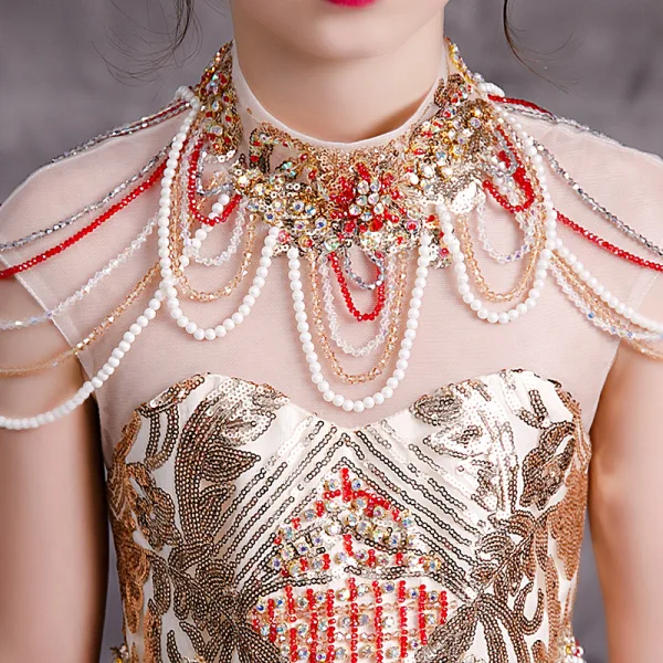 Scintillantes Doré Paillettes Anniversaire Robe Ceremonie Fille 2020 Robe Boule Transparentes Col Haut Sans Manches Dos Nu Perlage Tribunal Train Volants