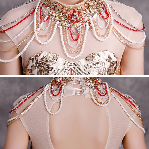 Scintillantes Doré Paillettes Anniversaire Robe Ceremonie Fille 2020 Robe Boule Transparentes Col Haut Sans Manches Dos Nu Perlage Tribunal Train Volants