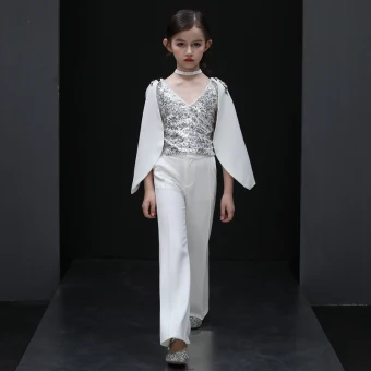 2 Piece White Jumpsuit 2020 V Neck Long Sleeve Backless Appliques Lace Beading Sequins Floor Length Long