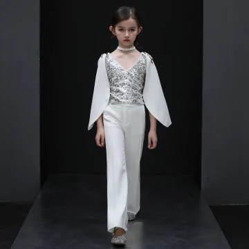 2 Stuk Witte Jumpsuit 2020 V Hals Lange Mouwen Ruglooze Appliques Kant Kralen Pailletten Lange