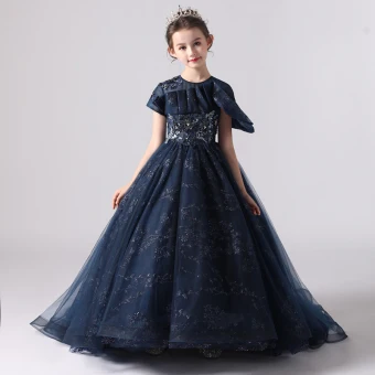Chic Belle Bleu Marine Anniversaire Robe Ceremonie Fille 2020 Robe Boule Encolure Dégagée Manches Courtes Appliques En Dentelle Paillettes Perlage Train De Balayage Volants