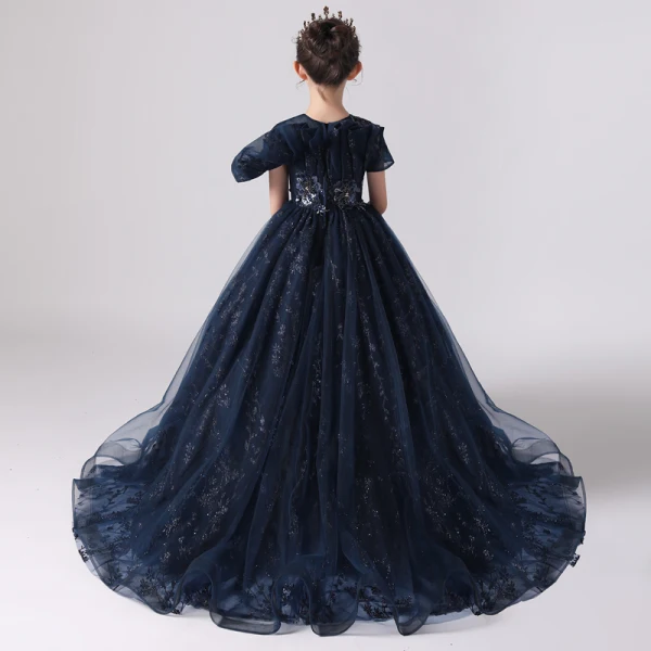 Chic / Beautiful Navy Blue Birthday Flower Girl Dresses 2020 Ball Gown Scoop Neck Short Sleeve Appliques Lace Sequins Beading Sweep Train Ruffle