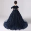 Chic / Beautiful Navy Blue Birthday Flower Girl Dresses 2020 Ball Gown Scoop Neck Short Sleeve Appliques Lace Sequins Beading Sweep Train Ruffle