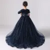 Chic / Beautiful Navy Blue Birthday Flower Girl Dresses 2020 Ball Gown Scoop Neck Short Sleeve Appliques Lace Sequins Beading Sweep Train Ruffle
