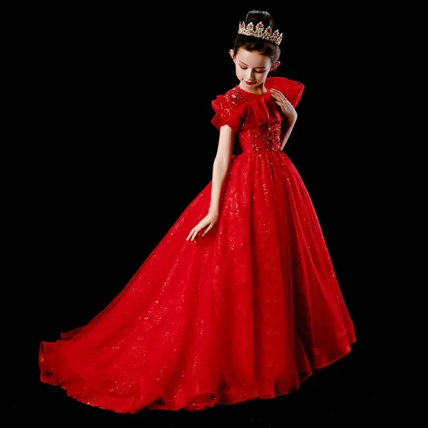 Chic / Beautiful Navy Blue Birthday Flower Girl Dresses 2020 Ball Gown Scoop Neck Short Sleeve Appliques Lace Sequins Beading Sweep Train Ruffle