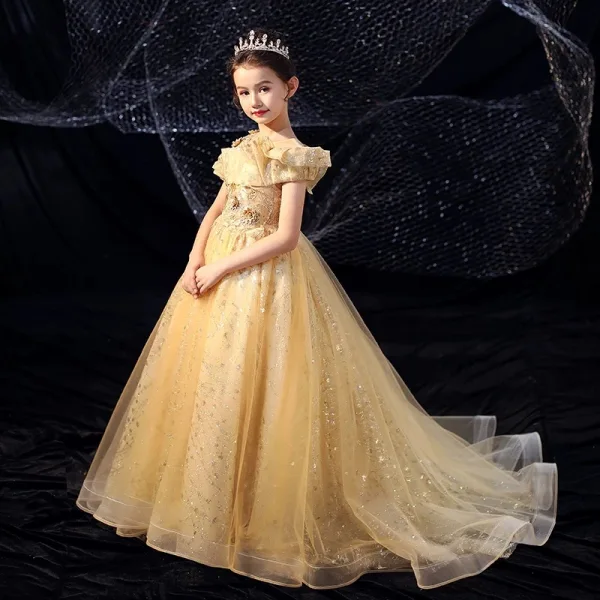 Chic / Beautiful Navy Blue Birthday Flower Girl Dresses 2020 Ball Gown Scoop Neck Short Sleeve Appliques Lace Sequins Beading Sweep Train Ruffle