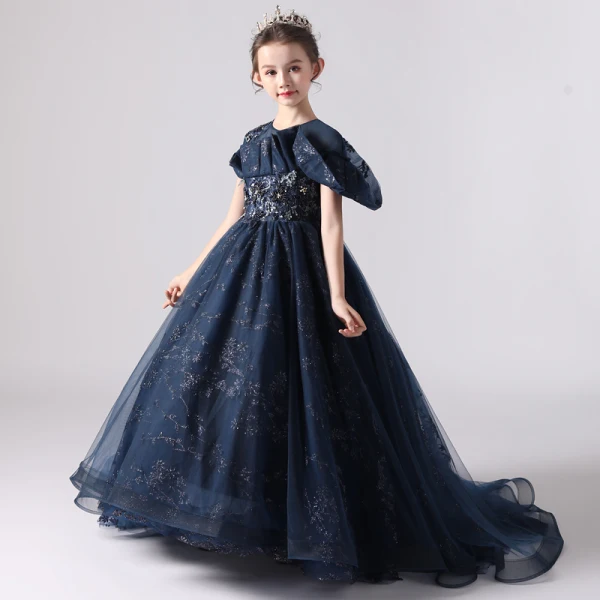 Chic / Beautiful Navy Blue Birthday Flower Girl Dresses 2020 Ball Gown Scoop Neck Short Sleeve Appliques Lace Sequins Beading Sweep Train Ruffle
