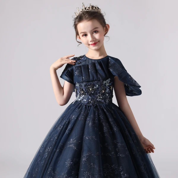 Chic / Beautiful Navy Blue Birthday Flower Girl Dresses 2020 Ball Gown Scoop Neck Short Sleeve Appliques Lace Sequins Beading Sweep Train Ruffle