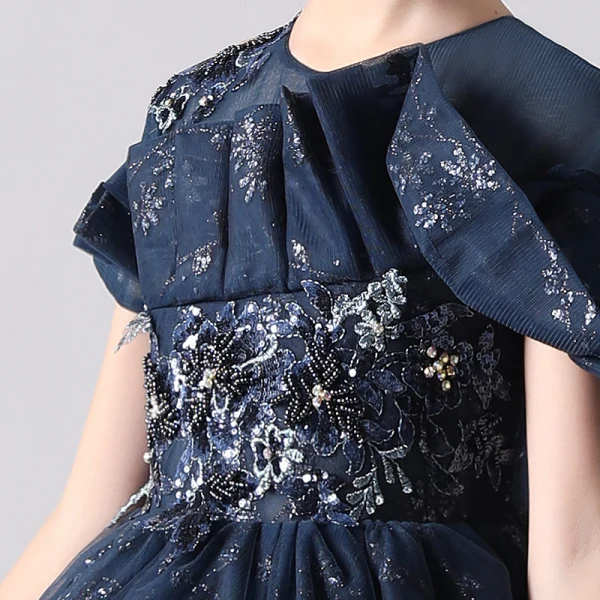 Chic / Beautiful Navy Blue Birthday Flower Girl Dresses 2020 Ball Gown Scoop Neck Short Sleeve Appliques Lace Sequins Beading Sweep Train Ruffle