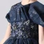 Chic / Beautiful Navy Blue Birthday Flower Girl Dresses 2020 Ball Gown Scoop Neck Short Sleeve Appliques Lace Sequins Beading Sweep Train Ruffle