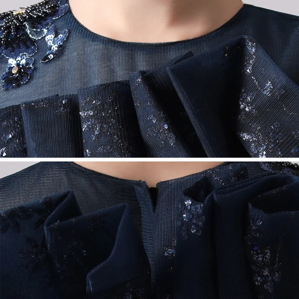 Chic / Beautiful Navy Blue Birthday Flower Girl Dresses 2020 Ball Gown Scoop Neck Short Sleeve Appliques Lace Sequins Beading Sweep Train Ruffle