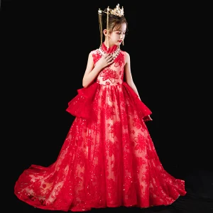 Chinese Style Red Birthday Flower Girl Dresses 2020 Ball Gown High Neck Sleeveless Appliques Lace Beading Sequins Sweep Train Ruffle