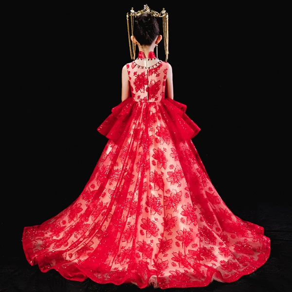 Chinese style Red Birthday Flower Girl Dresses 2020 Ball Gown High Neck Sleeveless Appliques Lace Beading Sequins Sweep Train Ruffle
