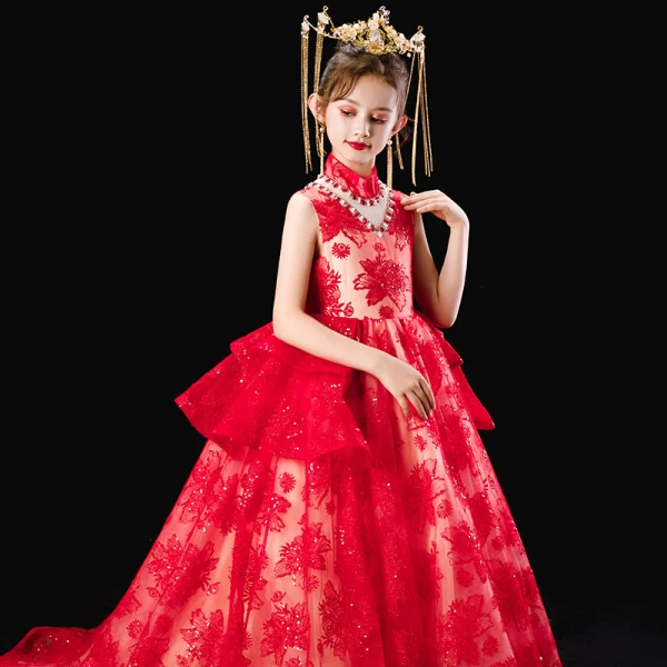 Chinese style Red Birthday Flower Girl Dresses 2020 Ball Gown High Neck Sleeveless Appliques Lace Beading Sequins Sweep Train Ruffle