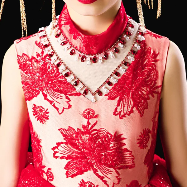 Chinese style Red Birthday Flower Girl Dresses 2020 Ball Gown High Neck Sleeveless Appliques Lace Beading Sequins Sweep Train Ruffle